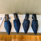 LBSFY  - Denim Women Slippers Black/Blue Shallow Slip On Mules Shoes Pointed Toe Round Mid Heels Party Pumps Casual Ladies Pumps Size 39